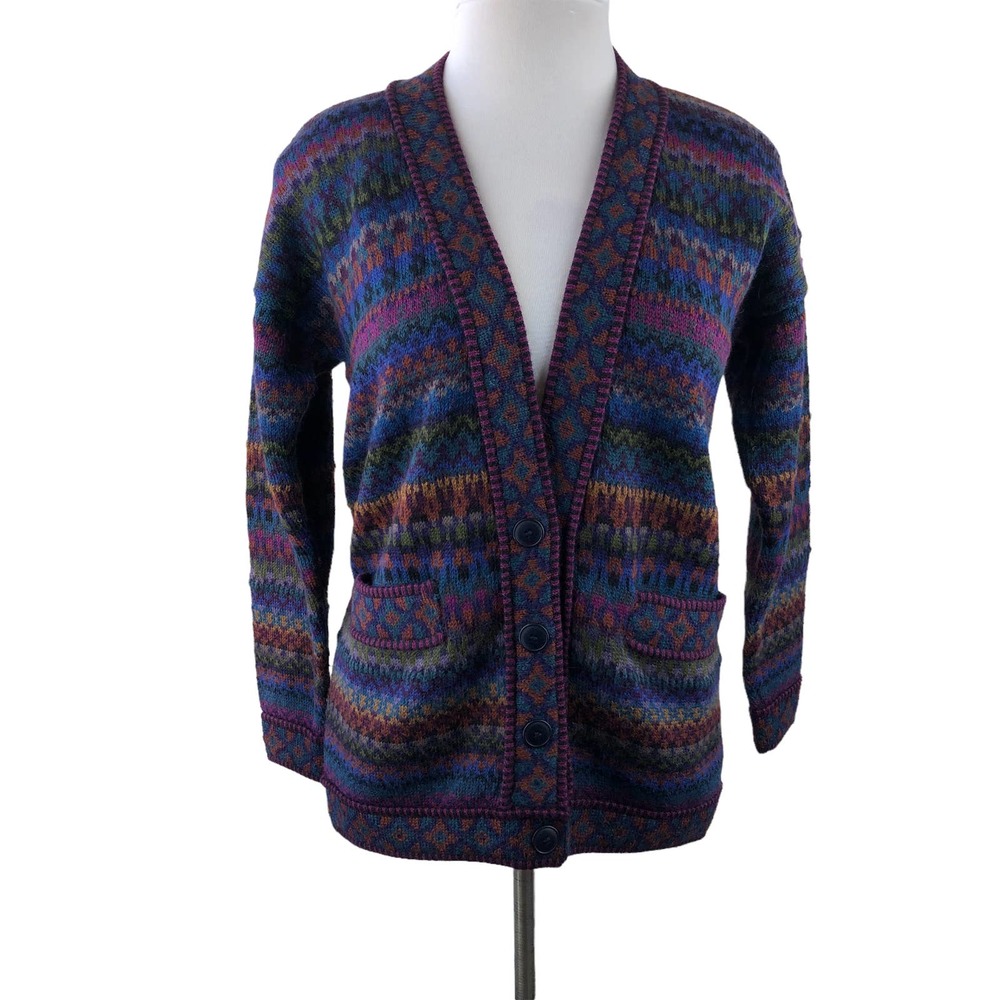 Vintage Peruvian Connection Handmade 100% Alpaca Mixed Print Cardigan Petite - Picture 10 of 10